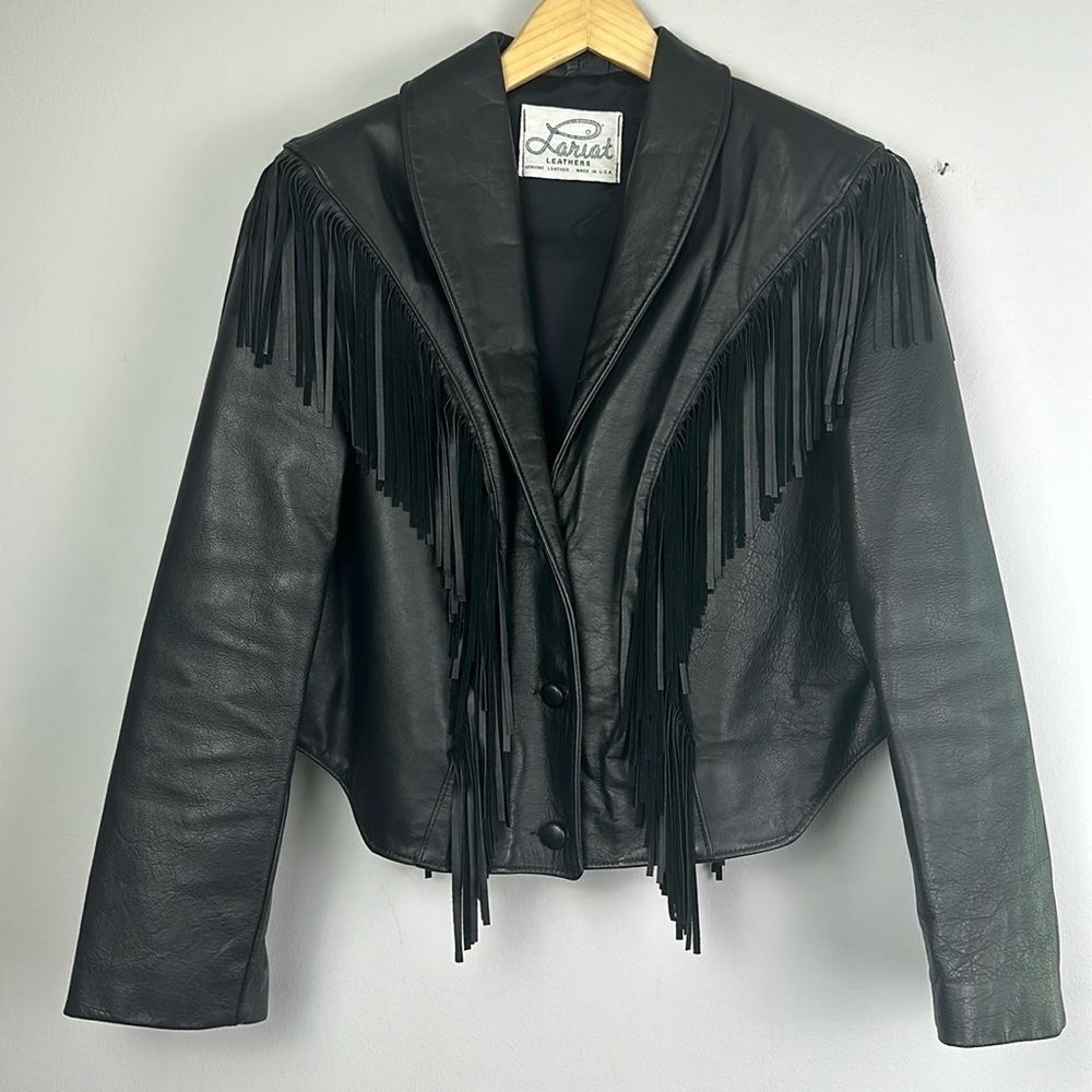 Women’s Vintage 80’s Lariat Fringed Leather Moto Jacket Lined Made in USA Biker